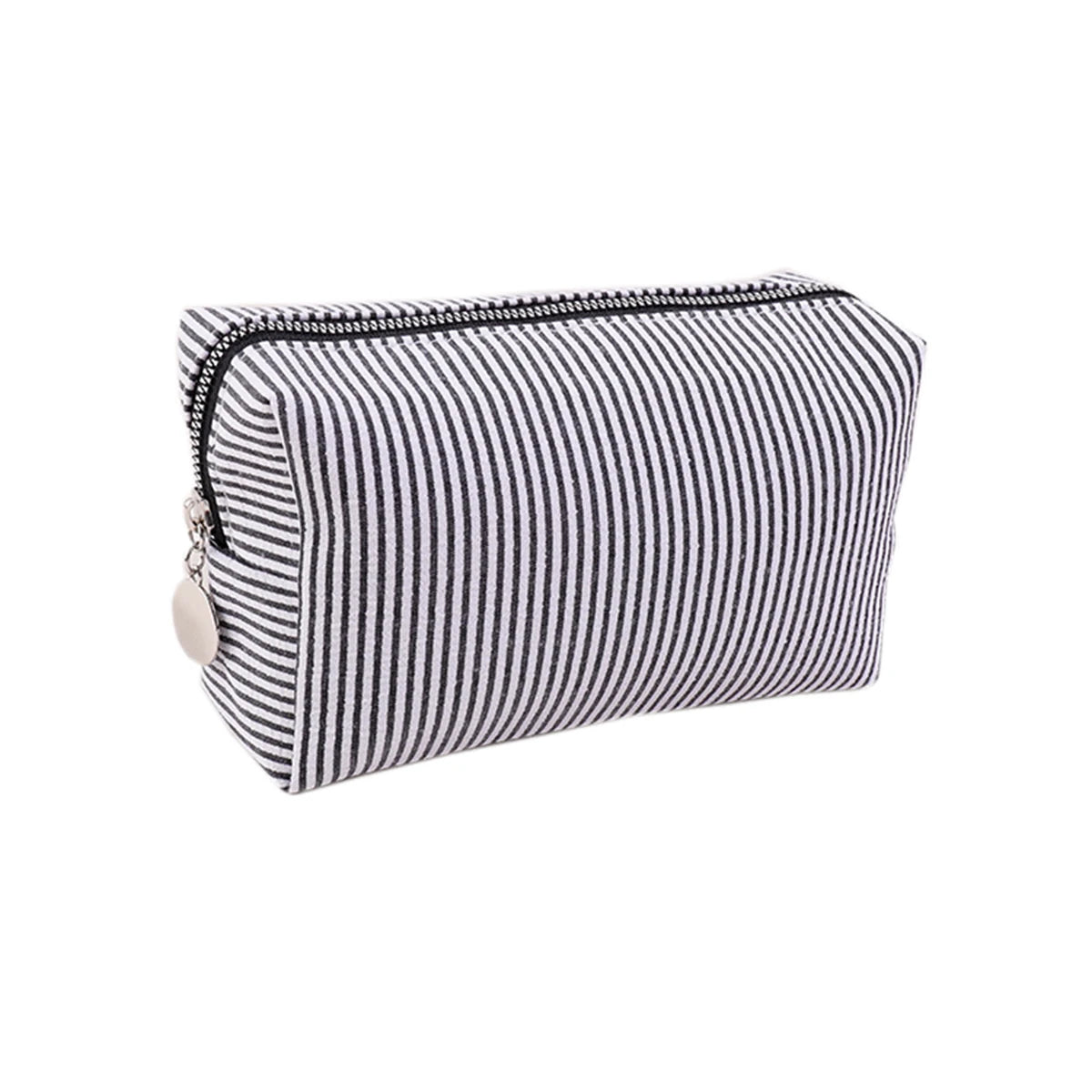 A striped canvas pencil case with a zipper pouch design.