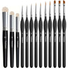 A set of twelve black micro detail paint brushes with silver ferrules displayed vertically.