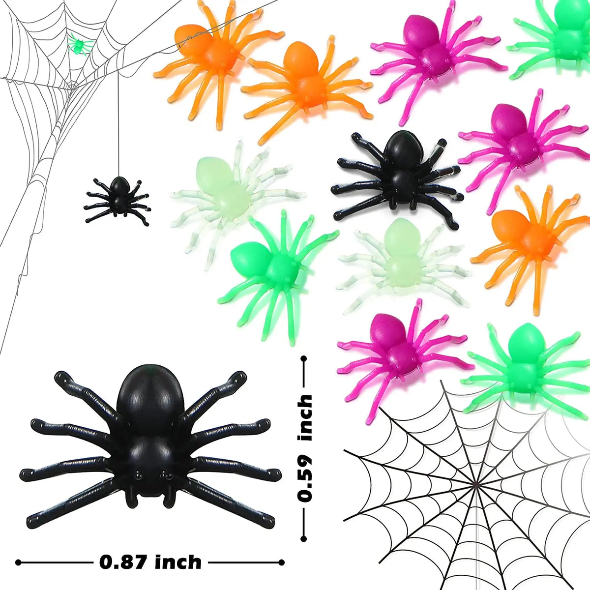 A collection of realistic fake spiders in various colors including orange, purple, and green, displayed against a white backg