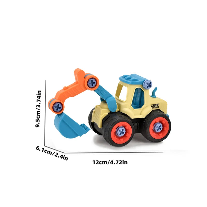 A yellow and blue engineering vehicle toy set with orange arms and wheels.