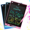 A pink 8.5-inch LCD writing tablet for kids displaying the text I'm happy and various green drawings.