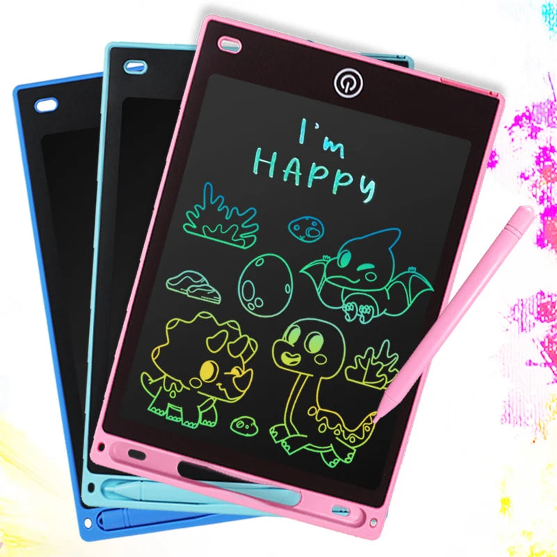 A pink 8.5-inch LCD writing tablet for kids displaying the text I'm happy and various green drawings.