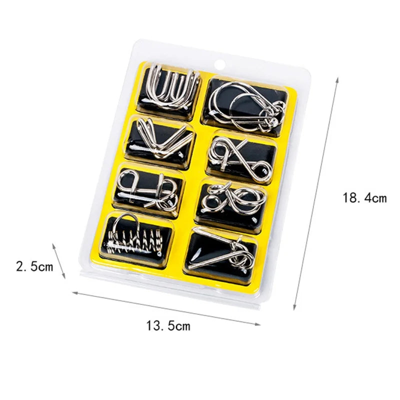 A plastic case containing eight small metal brain teaser puzzle sets for adults and teens