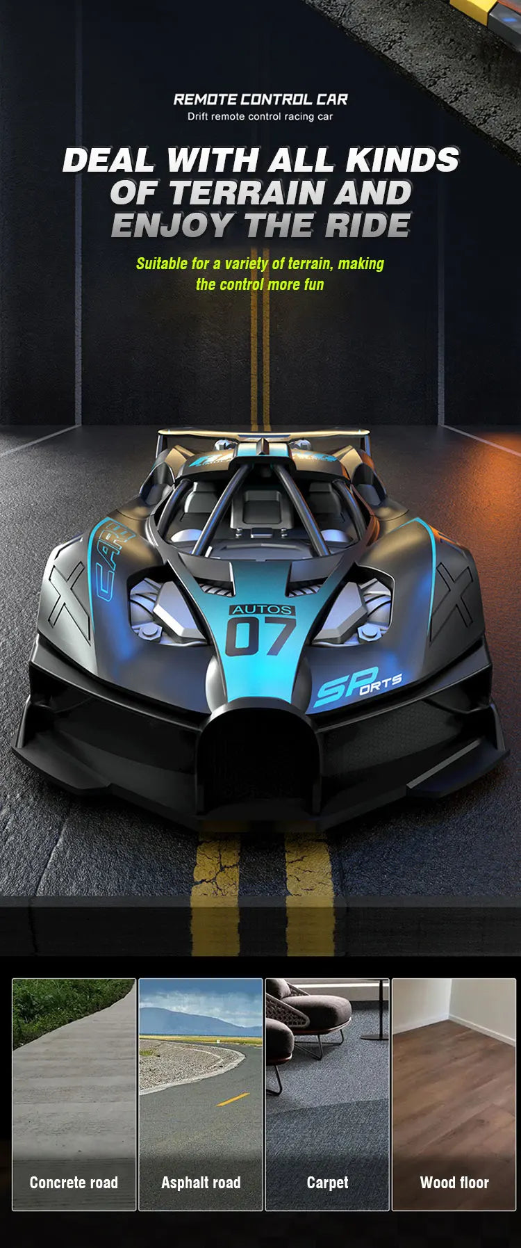 A black and blue 1:18 scale drift remote control car is shown on a dark surface with yellow racing lines.