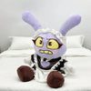 A purple maid plush doll with large ears and a frilly white outfit sitting on a white bed.