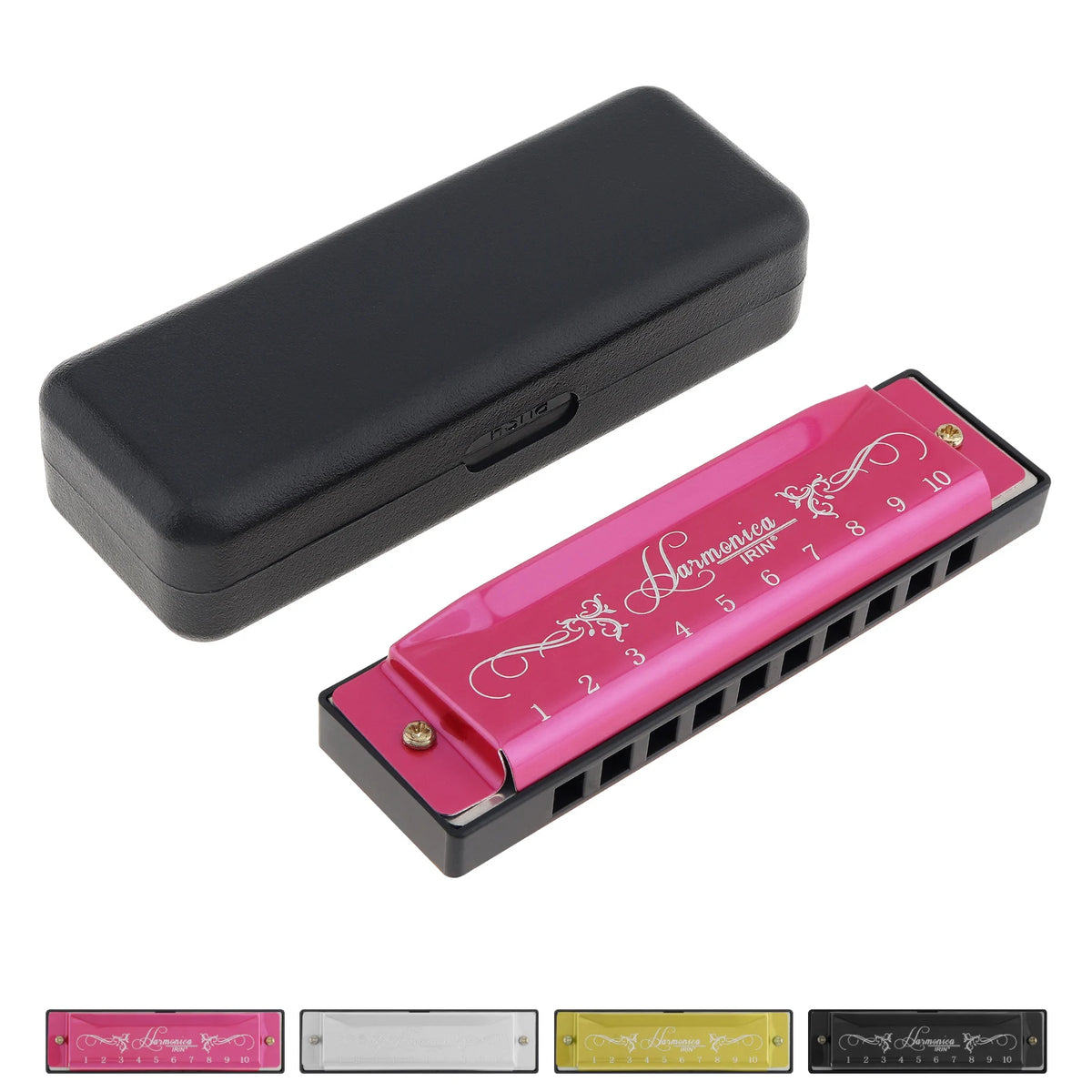 A pink 10-hole diatonic harmonica in C with a black carrying case and various harmonica accessories.