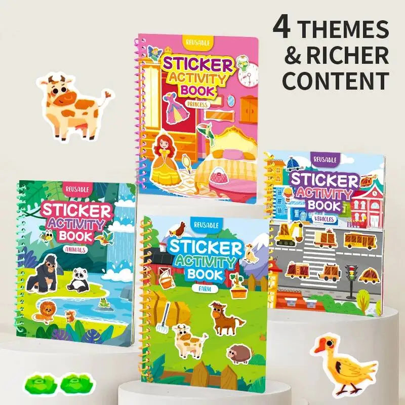 A collection of four reusable sticker activity books featuring different themes and richer content for kids.