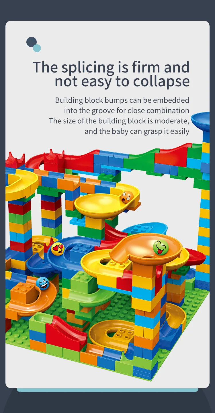 A colorful marble run building block maze track toy showing blocks of various colors and shapes.
