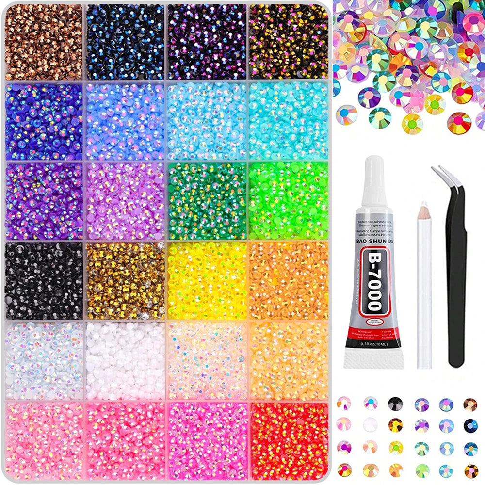 A collection of colorful flat-back rhinestones and glitter for DIY crafts, displayed in various shades and patterns.