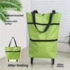 A lime green foldable shopping bag with black straps and a bottom bracket, shown before and after folding.