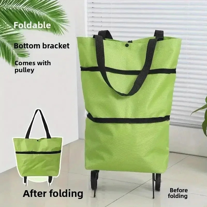 A lime green foldable shopping bag with black straps and a bottom bracket, shown before and after folding.