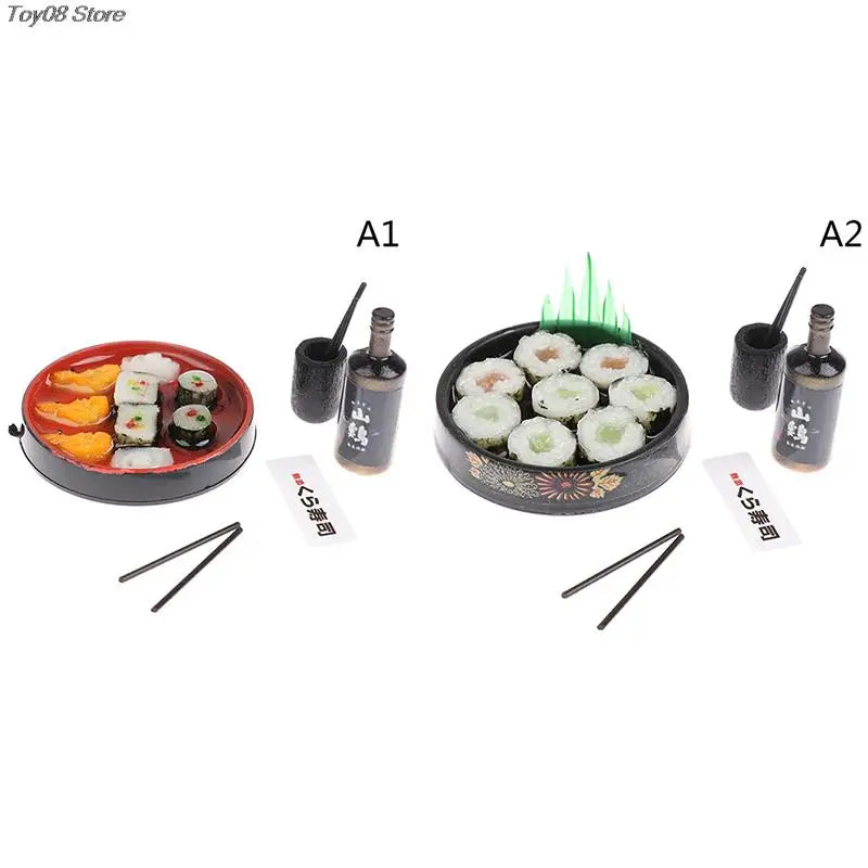 A set of two miniature Japanese sushi dishes A1 and A2 with accompanying chopsticks