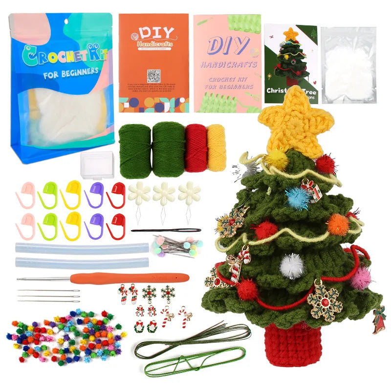 A DIY crochet kit for beginners showing yarn, tools, and a finished Christmas tree decoration.