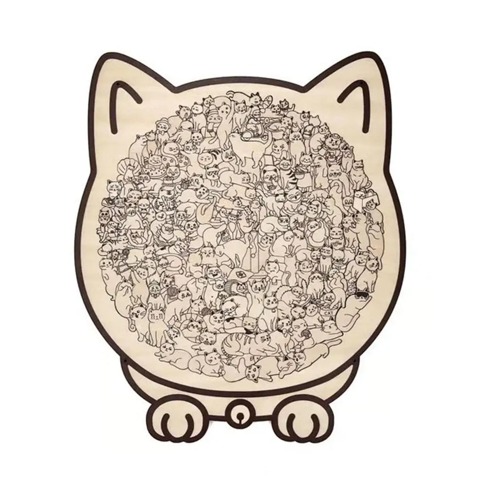 A wooden jigsaw puzzle shaped like a cat, featuring 135 unique pieces.