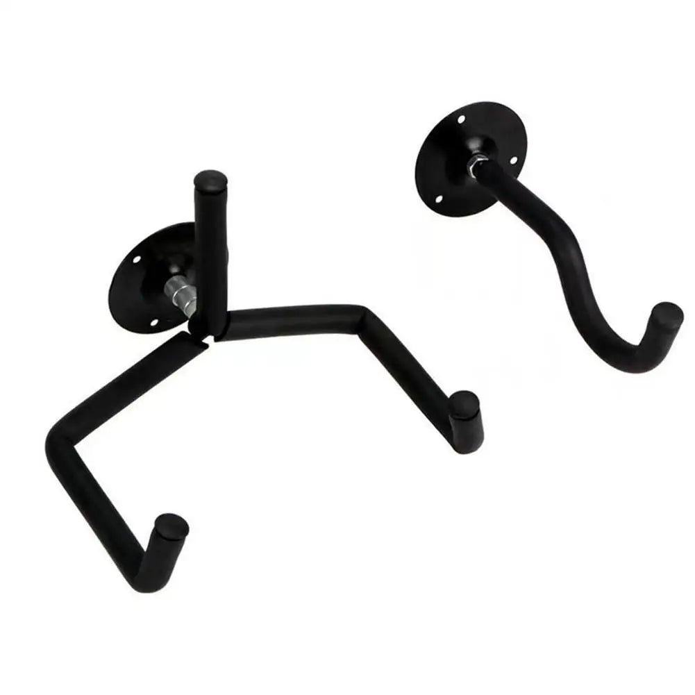 Black metal guitar wall mount hanger with a curved hook and mounting plate.