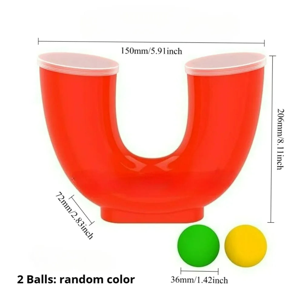 A bright red U-shaped juggling ball toy designed for hand-eye coordination.
