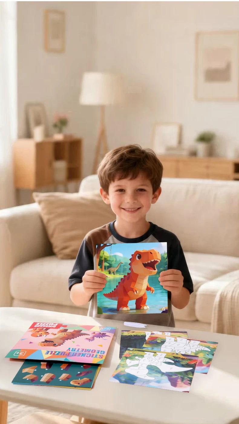A young boy holds a completed 3D sticker art puzzle kit featuring dinosaur and animal designs.
