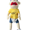 A plush toy of Jeffy featuring a yellow shirt, blue hair, and a red mouth, standing on its feet.