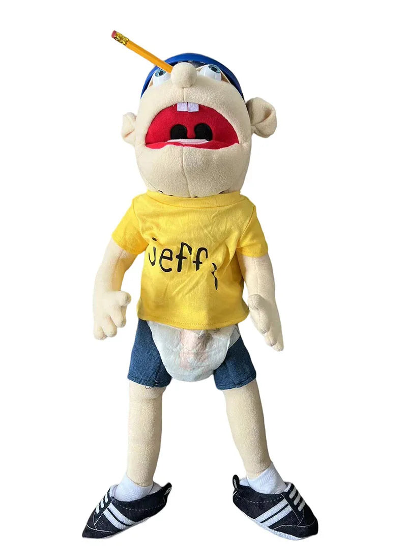 A plush toy of Jeffy featuring a yellow shirt, blue hair, and a red mouth, standing on its feet.