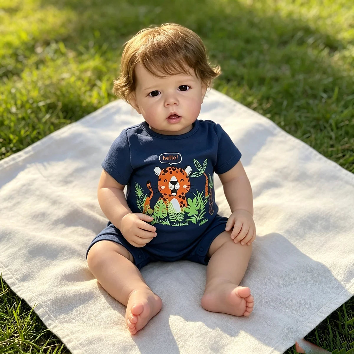 A baby boy doll with realistic features and rooted hair sitting on a white cloth outdoors.
