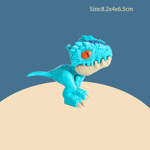 A small, bright blue realistic dinosaur action figure with orange eyes and textured skin is shown against a light background.
