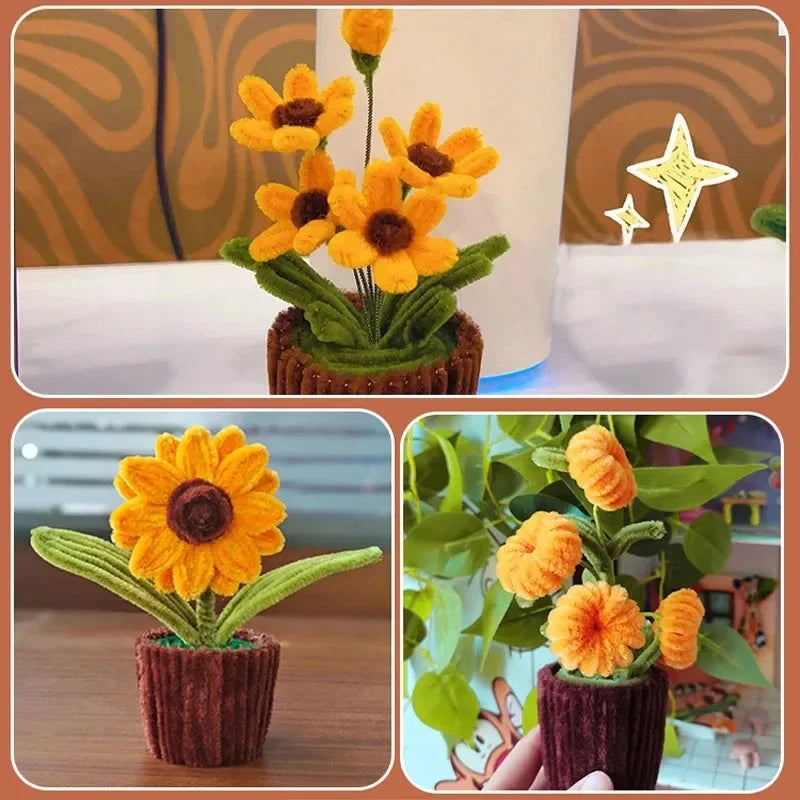 A collection of colorful chenille stem craft sticks shaped like flowers and plants.