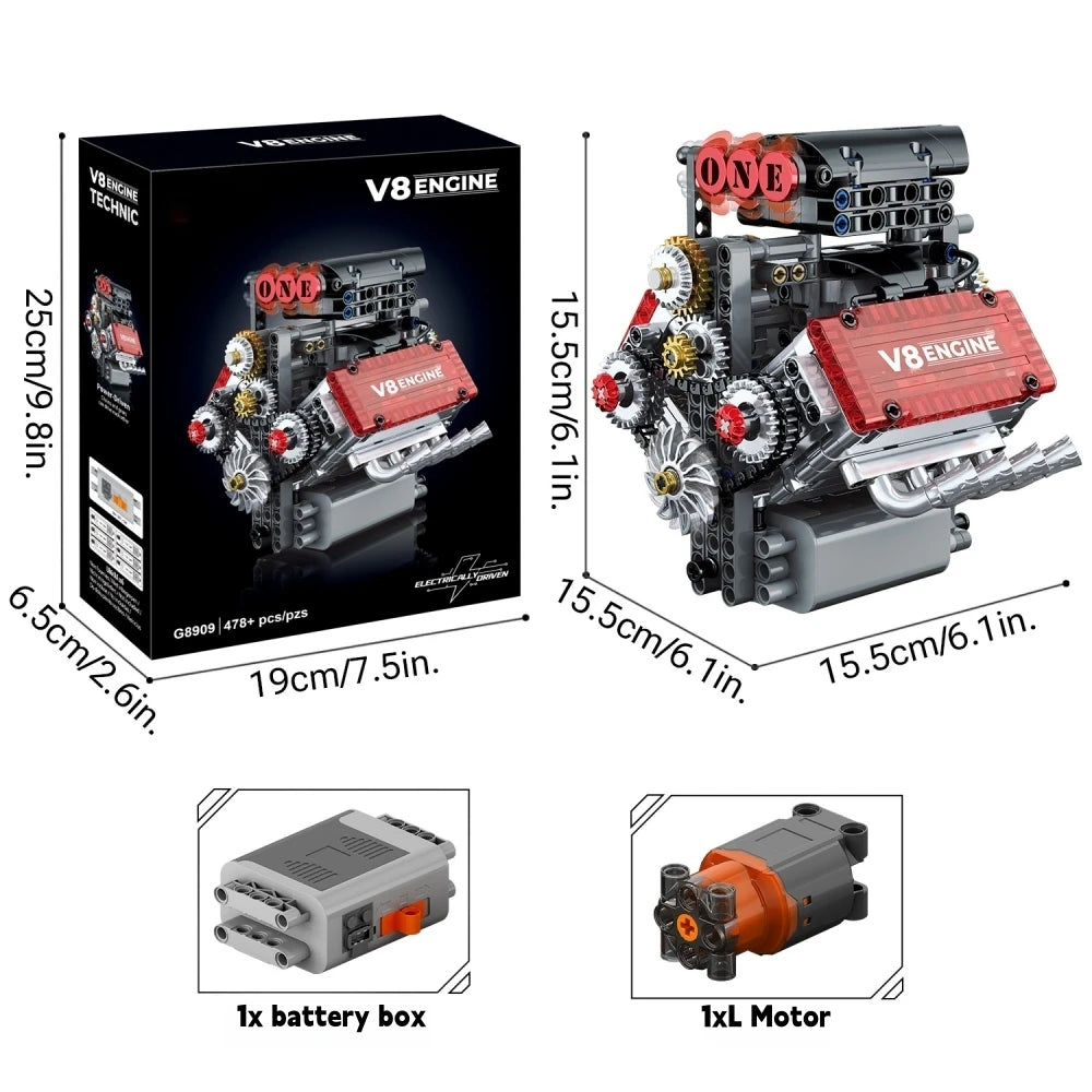 V8 Engine Model Building Kit with Electric Motor – 478 Pieces