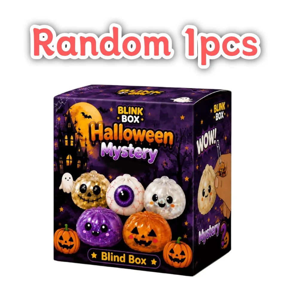 A box of random Halloween mystery squishy stress relief toys featuring pumpkins and ghosts.