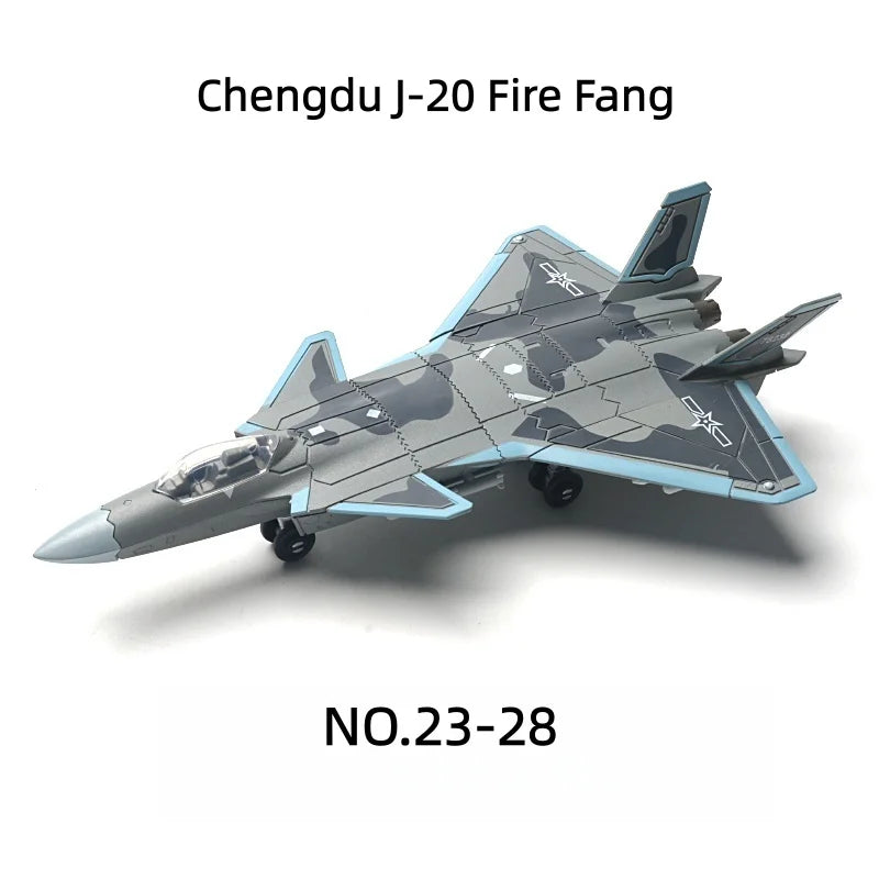 A scale model of a Chengdu J-20 Fire Fang fighter jet in gray and blue camouflage paint.