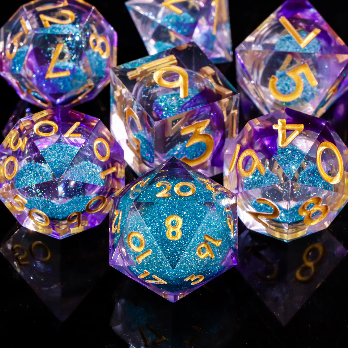A collection of iridescent polyhedral dice in purple and clear glass resting on a dark surface.