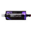 A black brushed motor labeled 50T with purple accents, used for high-torque upgrades in RC crawlers.