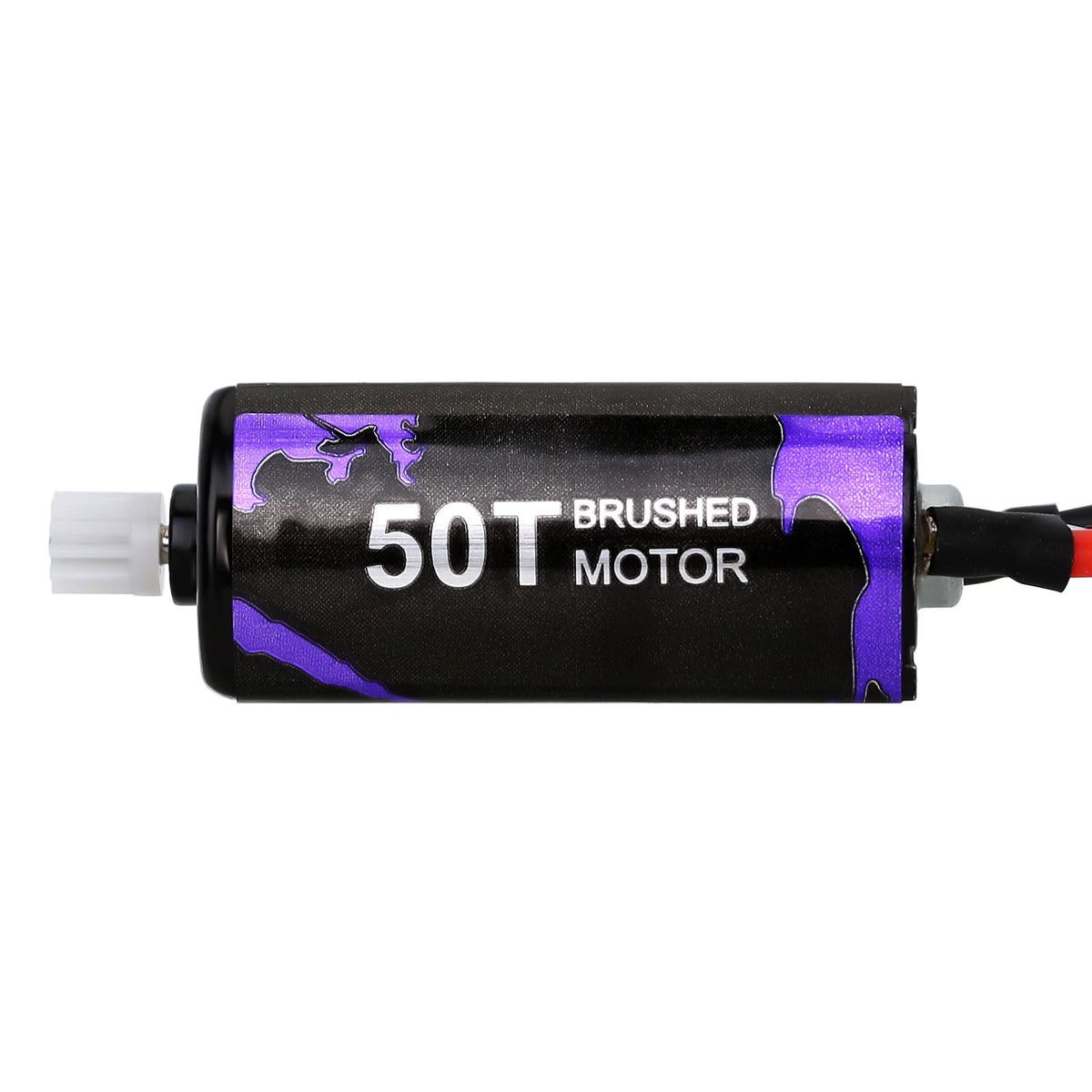 A black brushed motor labeled 50T with purple accents, used for high-torque upgrades in RC crawlers.