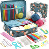 A complete 59-piece crochet kit for beginners with storage bag showing various yarn, needles, and accessories.