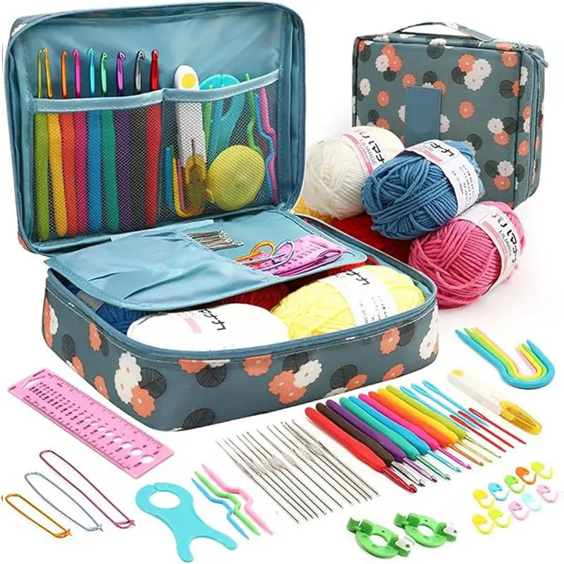 A complete 59-piece crochet kit for beginners with storage bag showing various yarn, needles, and accessories.