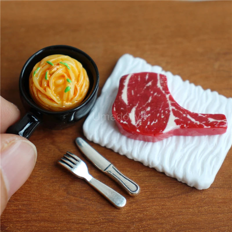 A miniature dollhouse set featuring a beef steak and pasta food item on a white napkin with a fork.