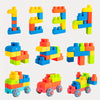 A set of colorful soft rubber building blocks and a toy vehicle for children's early learning.