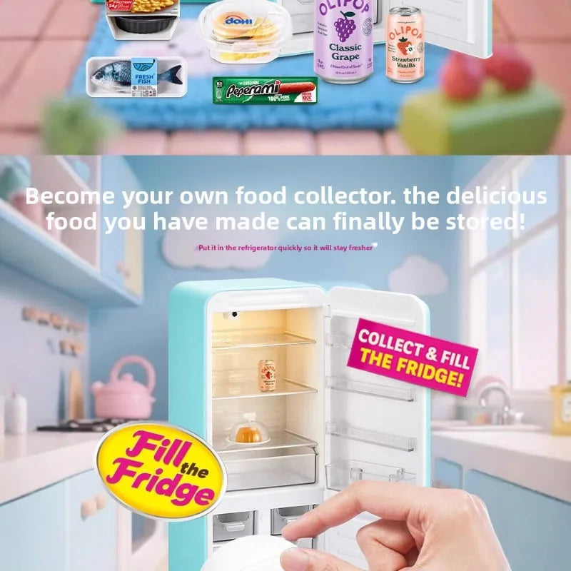 A hand is shown filling a miniature fridge playset with food capsules.