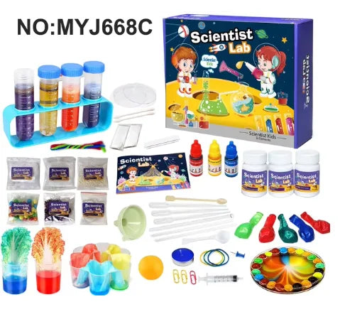 A box of a Scientist Lab kit for kids featuring various chemical learning activities and experiment tools.