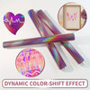 Holographic vinyl roll with a dynamic color-shift effect shown alongside a heart shape and a framed butterfly.