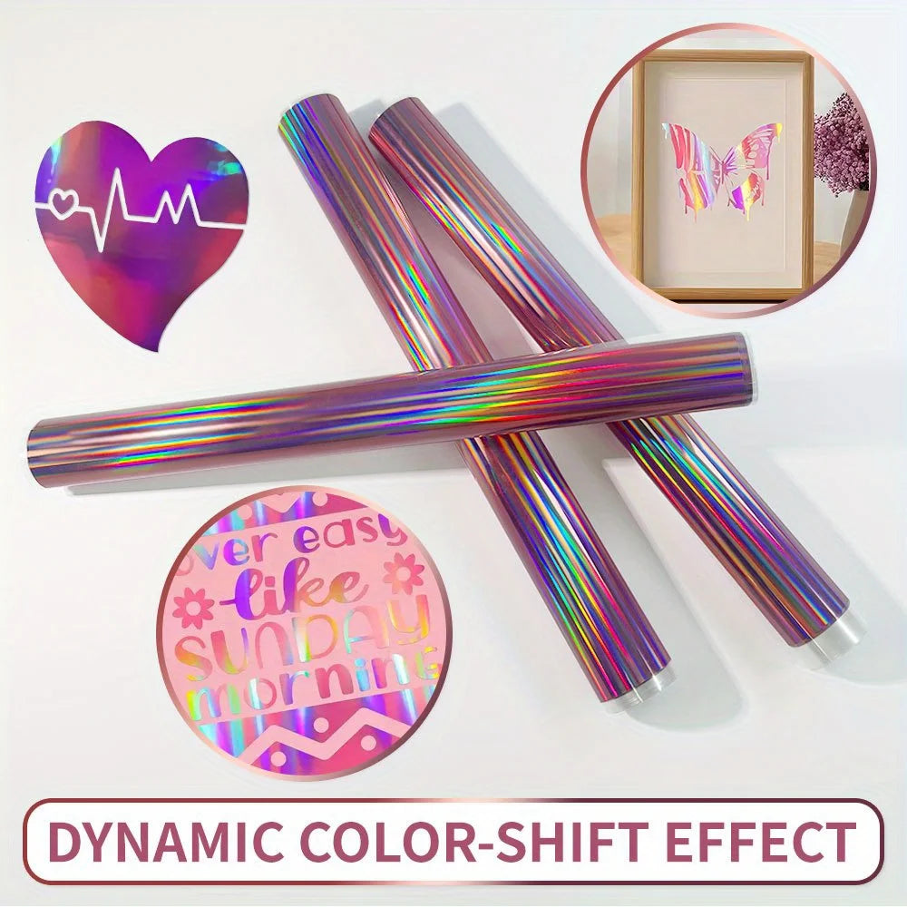 Holographic vinyl roll with a dynamic color-shift effect shown alongside a heart shape and a framed butterfly.