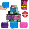 A collection of glitter ice cubes in various colors including blue, purple, and pink, used as a sensory fidget toy.