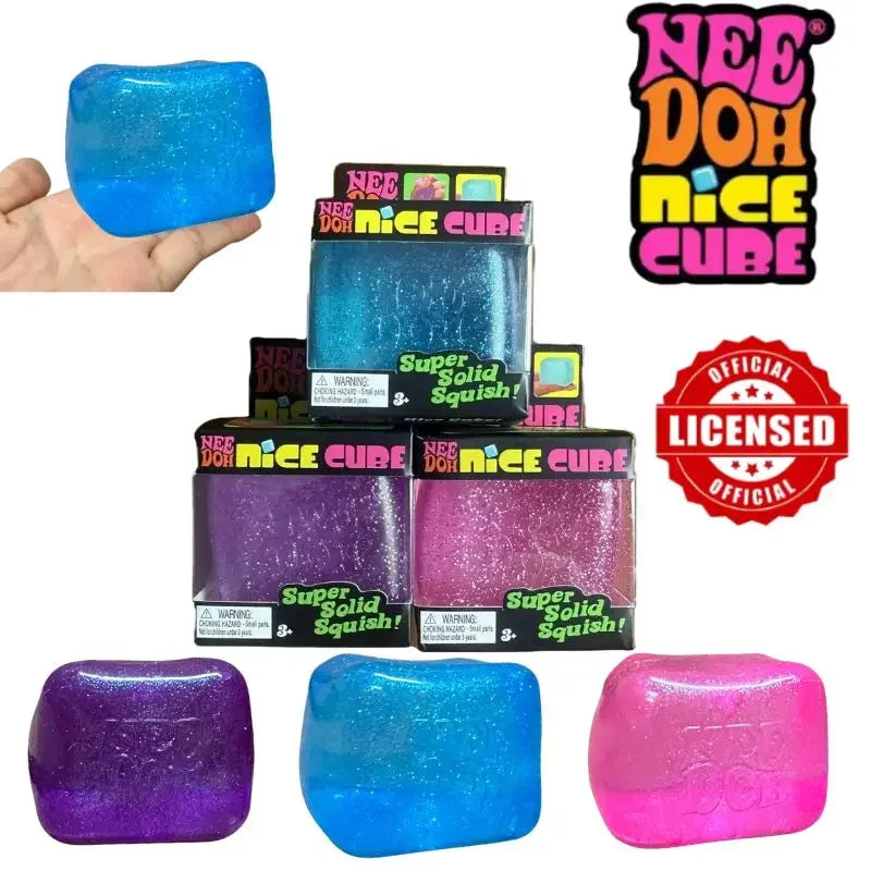 A collection of glitter ice cubes in various colors including blue, purple, and pink, used as a sensory fidget toy.