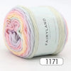 A spool of gradient rainbow yarn is shown rolled on a white label.