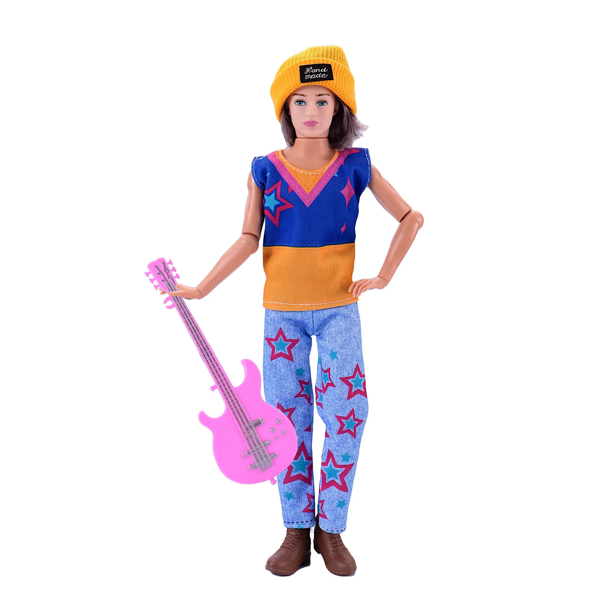 A female plush doll wearing a yellow beanie, blue top, and starry jeans, holding a pink electric guitar.