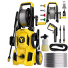 Yellow electric pressure washer with foam cannon and a stack of cleaning nozzles
