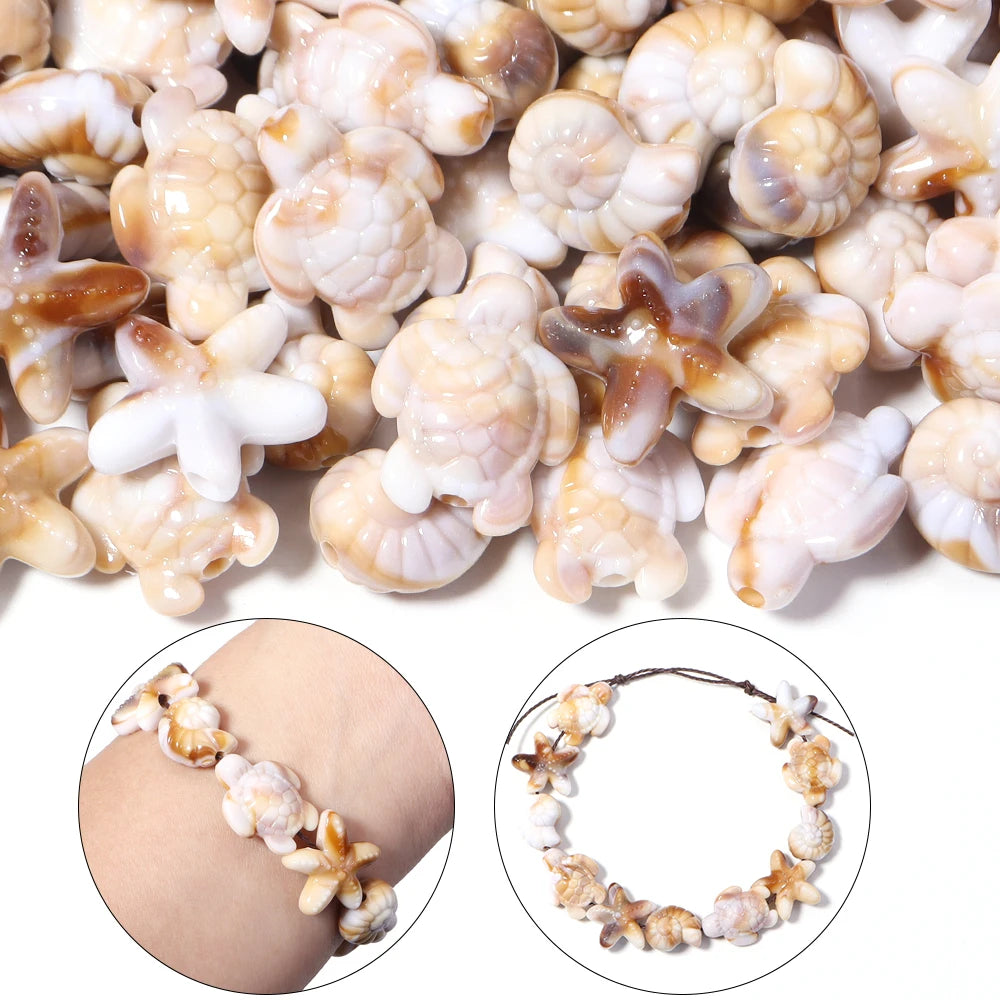 A variety pack of acrylic beads shaped like starfish, conch, and turtle in natural and translucent colors.