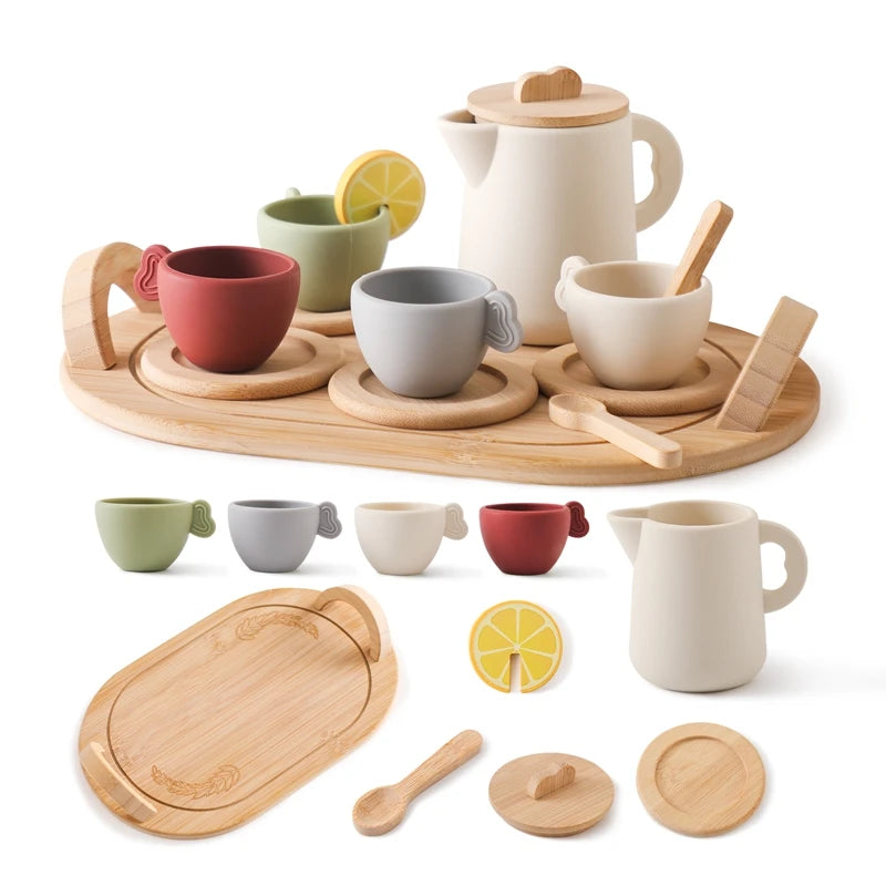 A wooden pretend play tea party set featuring various cups and a teapot for children.