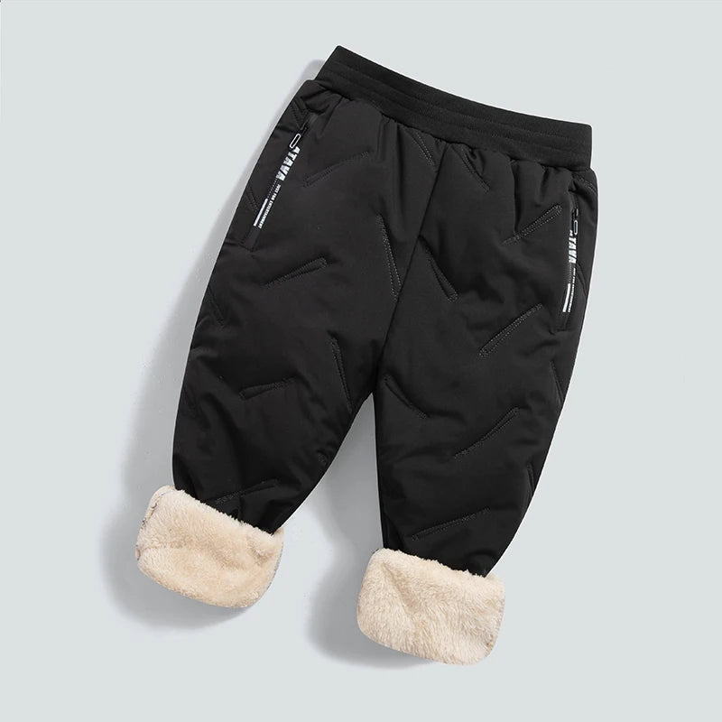 Black waterproof winter pants for kids with fleece lining