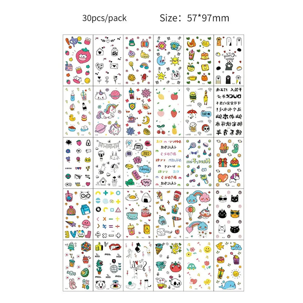 A sheet of temporary tattoos featuring various colorful and cute designs for kids and adults.