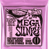 Bag of Ernie Ball Mega Slinky nickel wound guitar strings in pink packaging